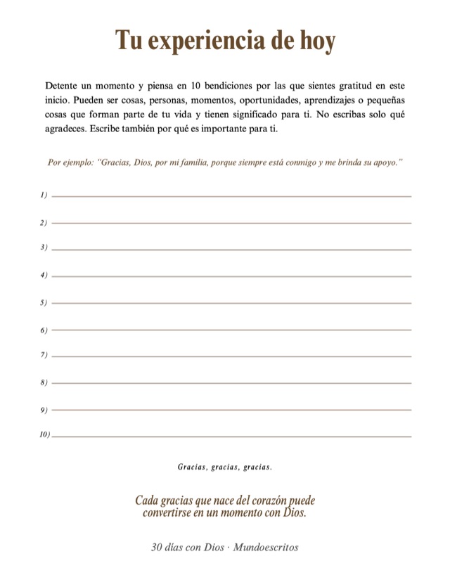Página de la experiencia del Día 1 con espacio para escribir diez agradecimientos