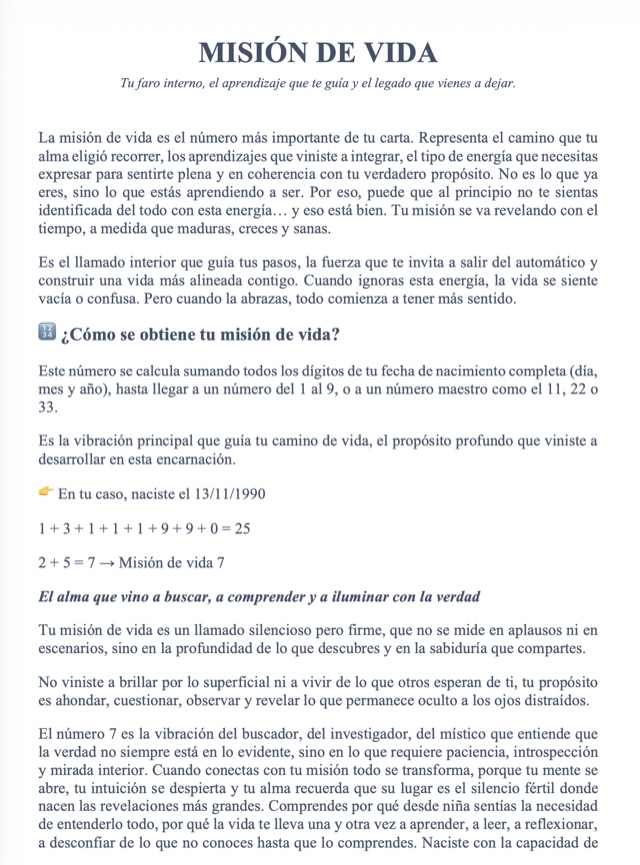 Página del informe numerológico en PDF: Misión de vida